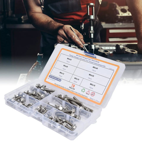 70 Piece Hex Flange Bolt Kit Stainless Steel 304 Fasteners Set open box with mechanic in the background