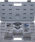 60-piece master tap and die set in gray storage case, front view showing SAE #4–1/2 and metric M3–M12 taps and dies