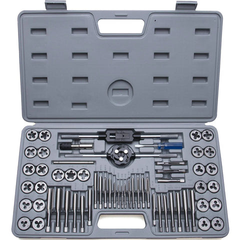 60-piece master tap and die set in gray storage case, front view showing SAE #4–1/2 and metric M3–M12 taps and dies