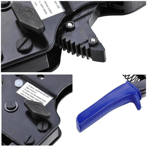 Close-up of PEX Cinch Clamp Tool Kit With One Handed Ratcheting Crimper for Stainless Steel Rings and blue handle