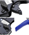 Close-up PEX Cinch Clamp Tool Kit With One Handed Ratcheting Crimper For Stainless Steel Rings showing blue handle and black mechanism.
