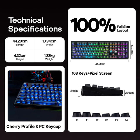 Technical specifications of Full Size Wireless Gaming Keyboard With Massive 10000 Mah Battery And Smart Dot Matrix Display Rgb Backlit Mechanical Keys For Mac Pc Android.