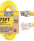 75 Ft Heavy Duty Outdoor Extension Cord 10 AWG Waterproof Yellow SJTW Power Cable 15 Amp Lighted Plug 3 Prong Grounded
