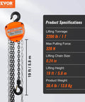 Image of 1 Ton Hand Chain Hoist 20 Ft Lift 2200 Lbs G80 Galvanized Chain with specifications and 360 Hook design