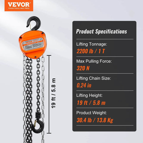 Image of 1 Ton Hand Chain Hoist 20 Ft Lift 2200 Lbs G80 Galvanized Chain with specifications and 360 Hook design