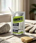 Rock Solid Concrete Crack Filler Fast Setting Blend Repairs Floor Cracks With A Flexible Waterproof Seal That Shuts Down Expansion Issues On Driveways And Basements Smooth Sailing DIY Fix in a pouch next to a brush and gloves.