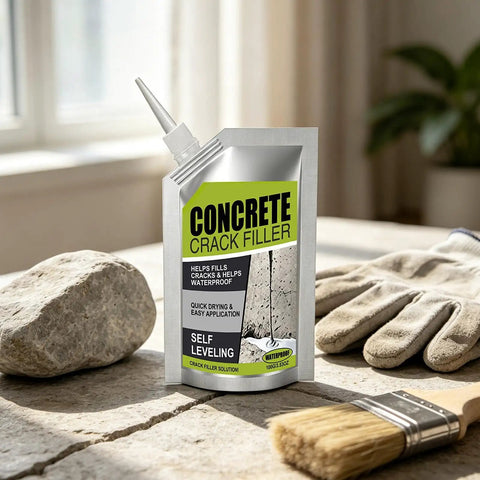 Rock Solid Concrete Crack Filler Fast Setting Blend Repairs Floor Cracks With A Flexible Waterproof Seal That Shuts Down Expansion Issues On Driveways And Basements Smooth Sailing DIY Fix in a pouch next to a brush and gloves.