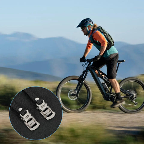 Cyclist riding with 2 Pcs Bike Pedal Straps With Toe Clips, Universal Replacement Foot Pedal Straps in focus