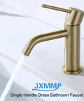 Brushed Gold Bathroom Faucet With Single Handle For One Hole Sinks Built From Brass And Stainless Steel, water flowing.