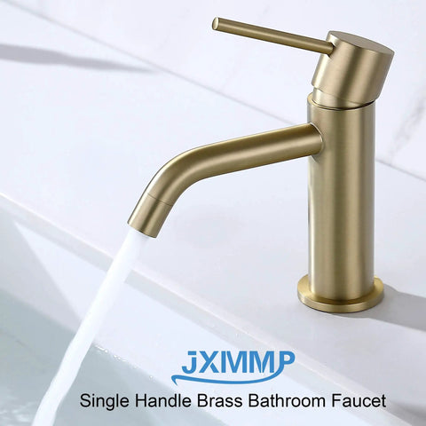 Brushed Gold Bathroom Faucet With Single Handle For One Hole Sinks Built From Brass And Stainless Steel, water flowing.