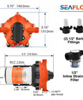 12V RV Water Pump 5.5 GPM 60 PSI Heavy Duty Diaphragm Pump with dimensions and fittings for marine use.