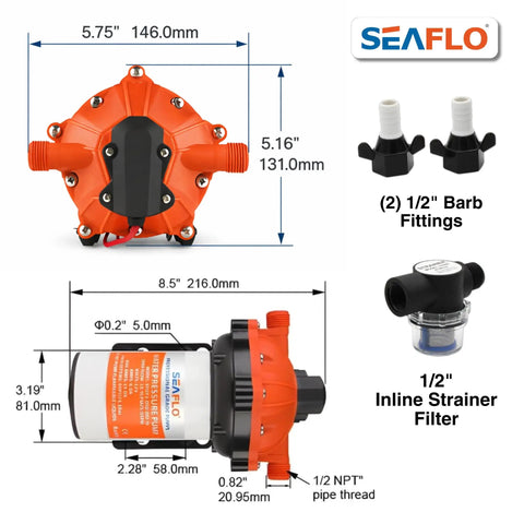 12V RV Water Pump 5.5 GPM 60 PSI Heavy Duty Diaphragm Pump with dimensions and fittings for marine use.