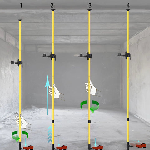Pro Grade Multifunction Laser Level Pole with adjustable height and 360 degree rotating head in various setup stages.