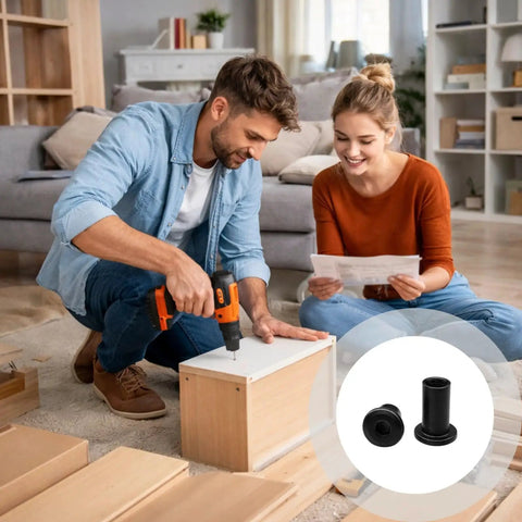 Couple assembling furniture with 8 Sets M6 Tube Nut Bolt Kit With Black Finish, Steel Furniture Connectors visible in overlay.