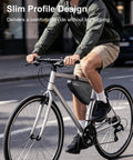 Cyclist using Bike Tire Repair Kit For Flat Tires With Portable Pump 120 PSI, 16-in-1 Multitool, Triangle Frame Bag attached.