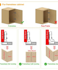 Diagram of frameless cabinet with 10 Pack No Slam Soft Close Cabinet Hinges, showing overlay installation options: full, half, inset.