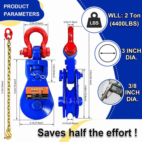 2 Ton Snatch Block Kit With G80 Chain And G70 Hook For Three Eighths Inch Wire Rope Beefy Heavy Duty Winch Gear For Flatbed Tow Trucks Rollback Wreckers Car Carriers Blue, product parameters image