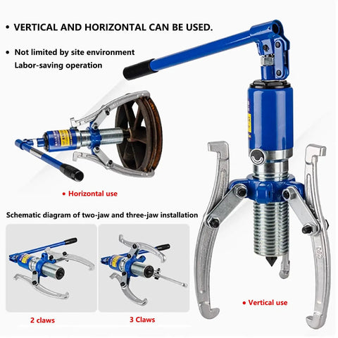 Beefy 30 Ton Hydraulic Gear Puller Kit With 2 And 3 Jaw Bearing Separators, 66,000 Lb Capacity, shown in vertical and horizontal use