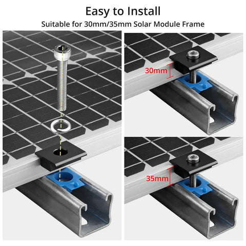 20 Piece Solar Panel Mid Clamps For Unistrut Aluminum 30Mm 35Mm Brackets Mounting Kit For Metal Roof Tin Roof Flat Roof RV Black No Sweat Install With Pre Drilled Holes, showing installation details for 30mm and 35mm frames.