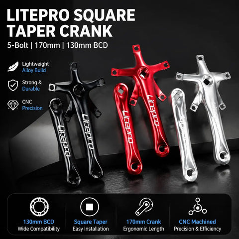Litepro Folding Bike Crankset Ultra Lightweight Hollow Square 170mm Aluminum Alloy 130BCD Chainwheel BMX Style Upgrade