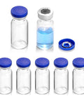 Ehoycq 2ml glass vials with blue plastic-aluminum flip caps, 10-pack, front view