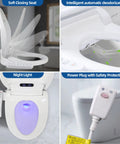Smart Heated Bidet Toilet Seat Round with vortex wash and LED night light, showing lid motion and power plug features.