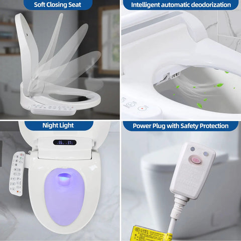 Smart Heated Bidet Toilet Seat Round with vortex wash and LED night light, showing lid motion and power plug features.