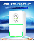 3 Pack Energy Saving Electricity Device With Smart Voltage Stabilizer Surge Protector And Power Saver Tech on a sleek display, showcasing green light.