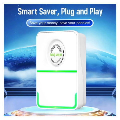 3 Pack Energy Saving Electricity Device With Smart Voltage Stabilizer Surge Protector And Power Saver Tech on a sleek display, showcasing green light.