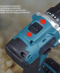 Heavy Duty Cordless Drill Set With Sleek Brushless Motor And Knockout 21V Power shows protection features on drill handle.