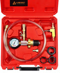 Heavy Duty Automotive Radiator Coolant Vacuum Refill Tool Kit for Engine Cooling System with brass gauge in red case.