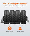 Heavy Duty Steel Wall Mounted Tire Rack Holds Thirty One To Fifty Six Inches showing four tires, 400 lbs capacity for seasonal storage.