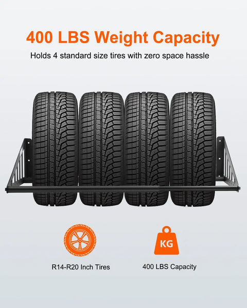 Heavy Duty Steel Wall Mounted Tire Rack Holds Thirty One To Fifty Six Inches showing four tires, 400 lbs capacity for seasonal storage.