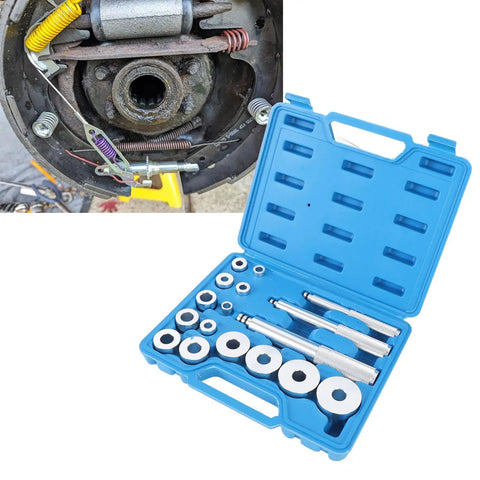 17 Piece Bearing Press Kit With Aluminum Alloy Universal Bearing Race And Seal Driver Includes 14 Double Sided Adapters For Fast Pro Grade Bearing Installations And Safe No Damage Housing Handling next to wheel hub.