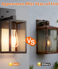 Dusk To Dawn Outdoor Wall Light With Automatic Sensor Solid Black Metal Coach Lantern vs rusty older lantern for outdoor durability comparison.