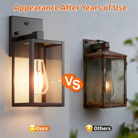 Dusk To Dawn Outdoor Wall Light With Automatic Sensor Solid Black Metal Coach Lantern vs rusty older lantern for outdoor durability comparison.