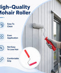 Person using a six inch mohair paint roller covers with sturdy frame kit for wall painting projects.