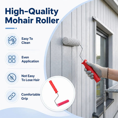 Person using a six inch mohair paint roller covers with sturdy frame kit for wall painting projects.