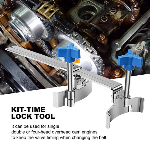 Saihisday timing lock tool kit for camshafts; stainless steel clamps with blue cross-shaped knobs, front view.