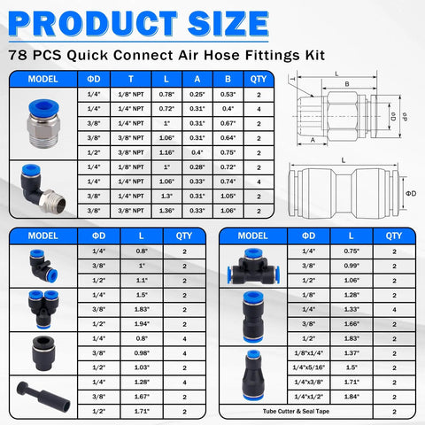 Industrial Quick Connect Air Fittings Kit 78 Piece Set For One Eighth One Quarter Five Sixteenths Three Eighths And One Half Inch Hoses Includes Push Lock And Quick Release For Air Compressor Systems Built With Nickel Plated Brass And PBT For Your Shop.