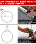 Anblak pipe center finder with 4-inch Y-type base and dial bubble protractor; front and in-use views.