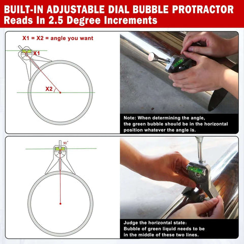 Anblak pipe center finder with 4-inch Y-type base and dial bubble protractor; front and in-use views.