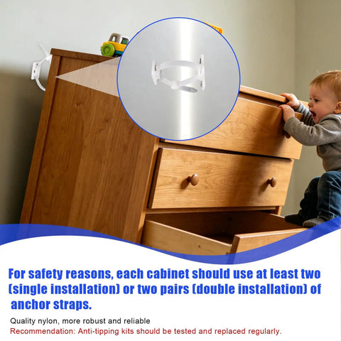 Gotta Secure Your Home Space Fast With This Eight Piece Anti Tip Furniture Anchor Kit featuring a nylon strap mounted to a wooden dresser.