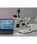 Pro Trinocular Stereo Zoom Microscope With Boom Stand, Long Working Distance, 10x Super Widefield Eyepieces, Adjustable Interpupillary, Ideal For Circuit Boards, Dental Appliances, And Precision Inspection, shown with laptop and PCB