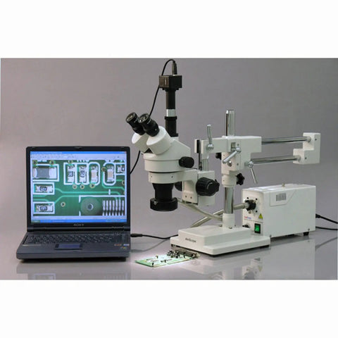 Pro Trinocular Stereo Zoom Microscope With Boom Stand, Long Working Distance, 10x Super Widefield Eyepieces, Adjustable Interpupillary, Ideal For Circuit Boards, Dental Appliances, And Precision Inspection, shown with laptop and PCB