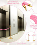 Six Pieces Velvet Stanchion Rope Set With Gold Hooks 4 Feet Each Pink Carpet Ropes in hotel lobby with elevators