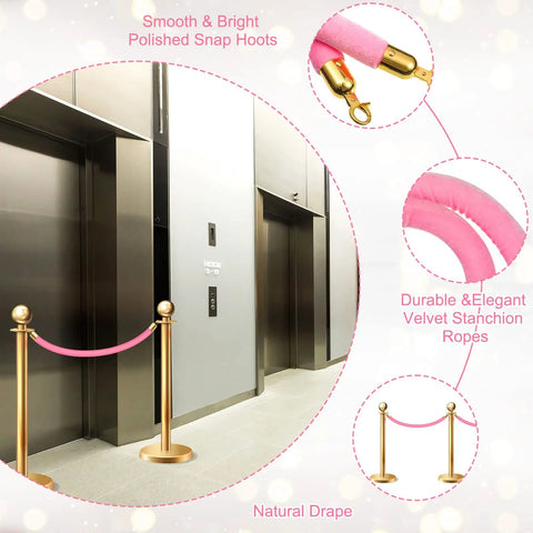 Six Pieces Velvet Stanchion Rope Set With Gold Hooks 4 Feet Each Pink Carpet Ropes in hotel lobby with elevators