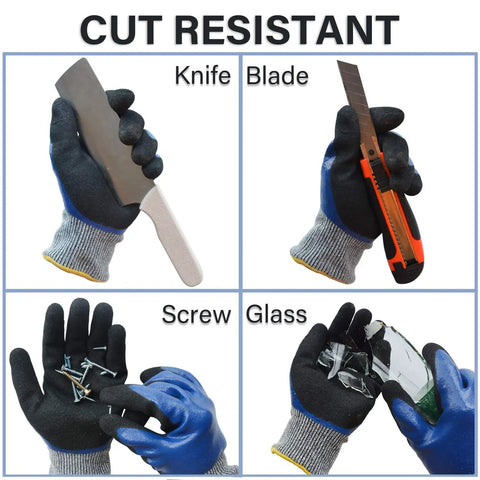 Heavy Duty Nitrile Gardening Gloves For Men Double Coated Work Gloves With Level 5 HPPE Cut Resistance demonstrated with knife, blade, screw, and glass