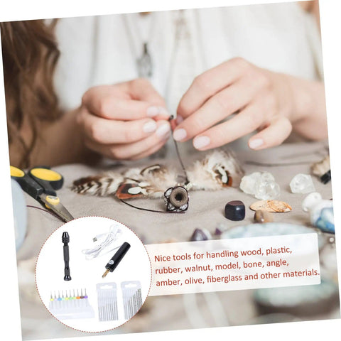 Person using DIY Drilling Tool Kit For Wood Jewelry And More 18 Piece Mini Twist Drill Set With various crafting materials