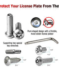 Front License Plate Bracket Mounting Kit For Bumpers With No Holes Or Two Pre Drill Holes No Sweat Install Universal Car Tag Adapter With Anti Theft Stainless Steel Screw Bolt Caps showing screws and wrenches.